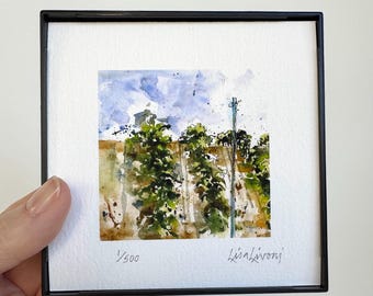 LANDSCAPE VINEYARD Watercolor Print, Vineyard Landscape Painting,  Wine Lover Grapevine Art Gift, Small Landscape Art, Gift for Him or Her