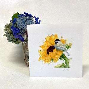 Chickadee and Sunflower Watercolor Print, Chickadee Painting, Chickadee Art Print, Bird Lover Gift,  Chickadee Bird Painting, Bird Prints