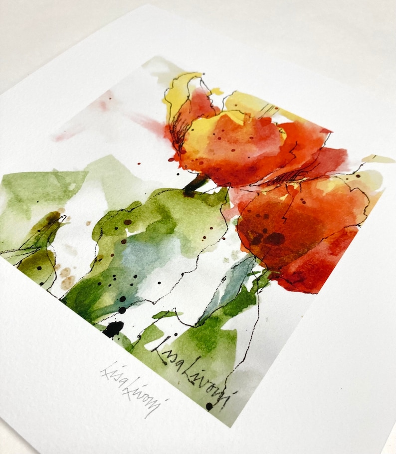 May include: Watercolour painting of red and yellow tulips with green foliage. The painting is signed "Lisa Livioni" and "Leila Ivory".
