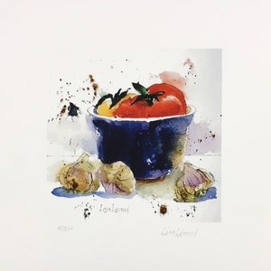 TOMATO and GARLIC Watercolor Print, Hostess Gift, Tomato Giclee, Tomato Kitchen Wall Art, Kitchen Still Life, Mom Gift, Gift for Cook