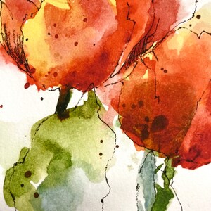 May include: Watercolour painting of two red and orange flowers with green stems and leaves on a white background.