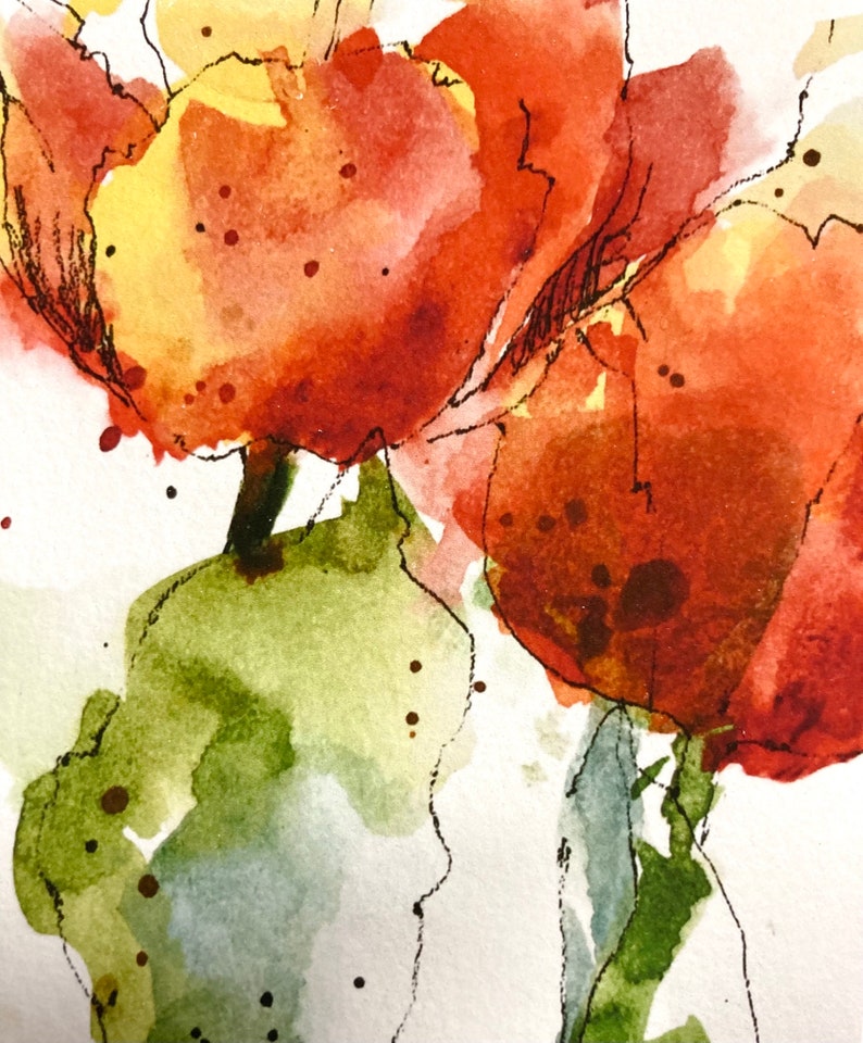 May include: Watercolour painting of two red and orange flowers with green stems and leaves on a white background.