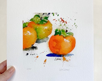 PERSIMMONS Watercolor Fruit Print, Persimmon Painting, Home Gift, Fruit Painting, Home Decor, Farmhouse Decor, Persimmon Kitchen Wall Art