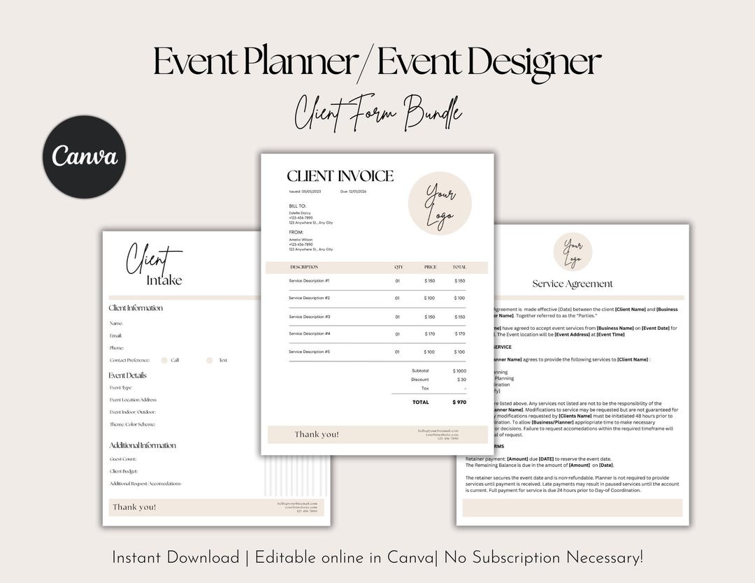Editable Event Layout Event Planner Editable Templates: Service Agreement,invoice, Intake ...