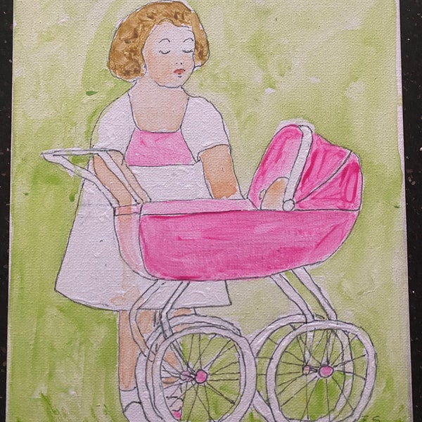 Déco chambre d'enfant - Peinture acrylique Fille au landau rose