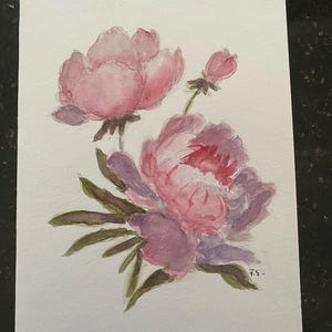 Peônias Rosas Pintura aquarela original A5 cartão em branco dobrado