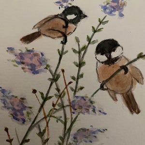 Puede incluir: Pintura a la acuarela de dos pequeños pájaros posados en finas ramas con flores moradas. Los pájaros tienen la cabeza negra y blanca, el cuerpo marrón claro y están sobre un fondo blanco. La obra de arte tiene un tacto suave y natural.