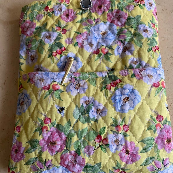Large Floral Quilted Book Bag with Diamond Button and front pocket