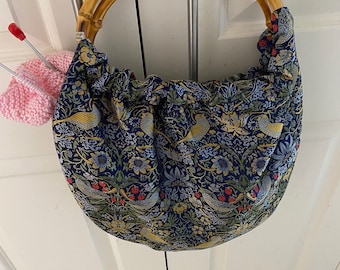 Gorgeous Knitters  brocade  bag with real bamboo handles and  Art Nouveau William Morris fabric with golden birds and strawberries