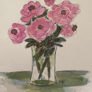 Rosas cor de rosa em vaso Aquarela original e caneta Cartão A5 dobrado