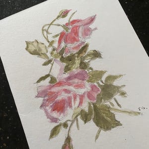 Biglietto vuoto con rose rosa formato A5, dipinto originale