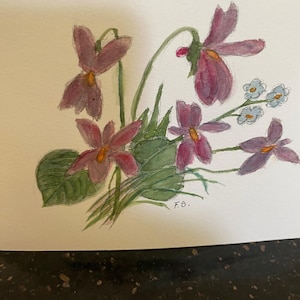 Cartão A5 pintado à mão emoldurável com lindas violetas Aquarela original