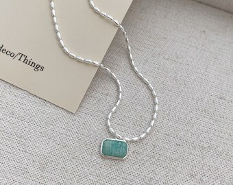 Amazonite Necklace｜Dainty Rectangle Amazonite Pendant｜Minimal Delicate Sterling Silver Necklace｜Crystal Necklace｜Everyday Necklace｜Gift Idea