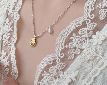 Dainty Silver Ball Chain Necklace｜Single Pearl Necklace｜Gold Bean Necklace｜Gold Oval Pendant｜Beads Ball Chain｜ Layering Necklace｜Gift Ideas
