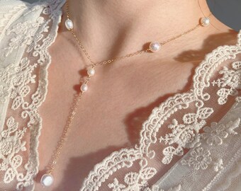 Dainty Baroque Pearl Necklace｜Long Layer Necklace｜Pearl Drop Necklace｜Y Necklace｜Gold Necklace｜Bridal Wedding Necklace｜Gift For Her
