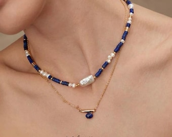 Lapis Lazuli Pearl Necklace For Women |  Natural Blue Beads Necklace | Wedding Pearl Jewelry | Raw Lapis Lazuli | Silver | 18K Gold Vermeil
