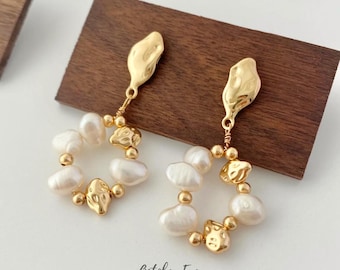 Bridal Pearl Flower Gold Drop Earrings｜Wedding Dangle Pearl Earrings｜18K Gold Silver｜Everyday Pearl Earrings For Women｜Bridesmaid Gift