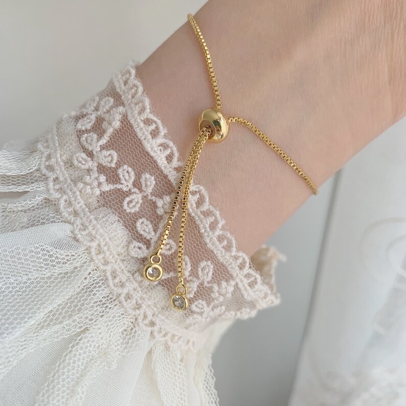 Dainty Pearl Bracelet｜Adjustable Box Chain Bracelet｜Gold Filled Bracelet｜Simple Bracelet｜Slider Bracelet｜Minimalist｜Bridesmaid Gift immagine 5