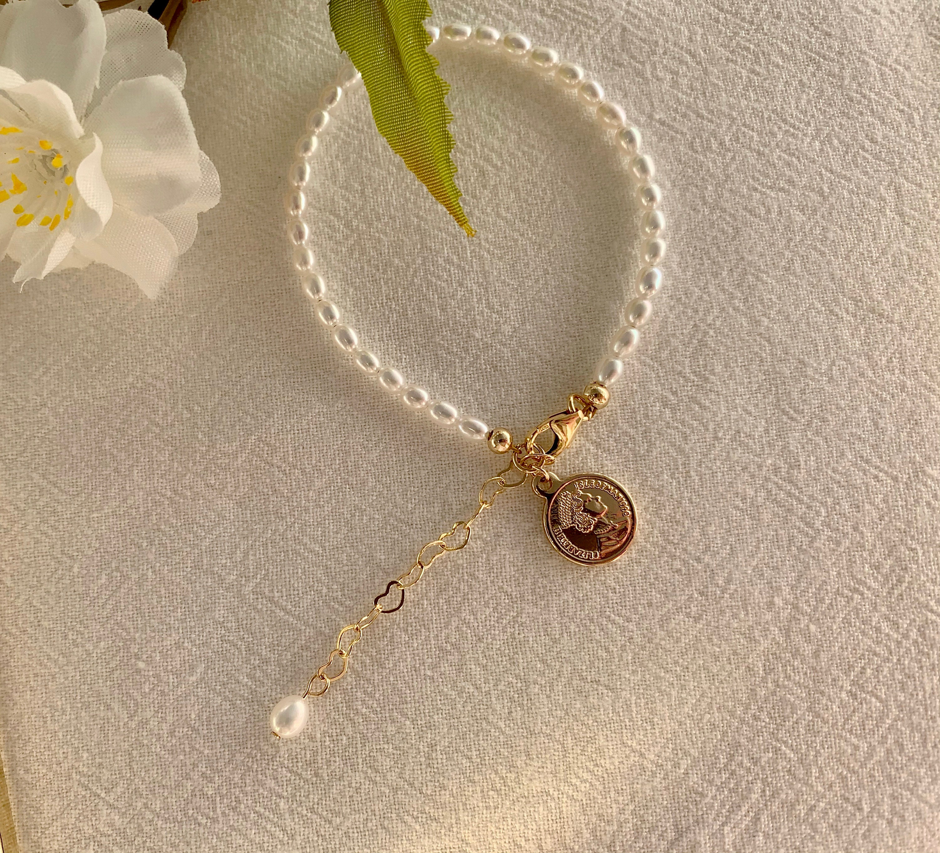 Dainty Pearl Bracelet Bracelet With Coin Pendant Tiny | Etsy