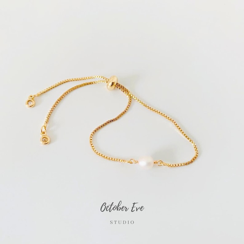Dainty Pearl Bracelet｜Adjustable Box Chain Bracelet｜Gold Filled Bracelet｜Simple Bracelet｜Slider Bracelet｜Minimalist｜Bridesmaid Gift immagine 1