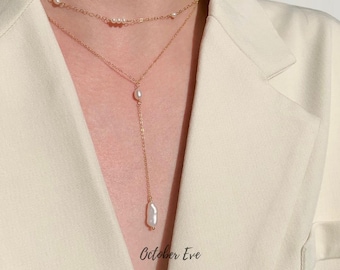 Dainty Freshwater Pearl Necklace｜Long Layer Necklace｜Pearl Drop Necklace｜Y Necklace｜Gold Filled Necklace｜Bridal Necklace｜Gift For Her