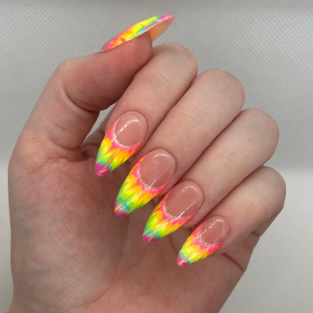 Rainbow Tie Dye Glow in the Dark Nails / Festival Press on Nails
