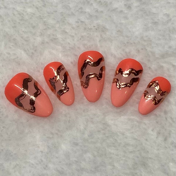 Peachy Pink Coral French Tip Nails with Rose Gold Swirls / Press On Nails