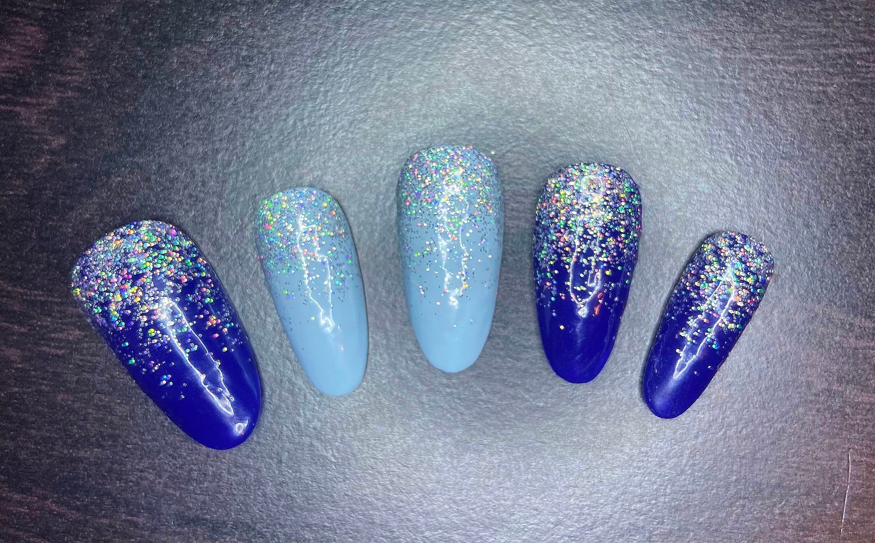 Blue Holo Ombre Holographic Glitter Fade Dark Blue And Light Blue Press On Gel Nails Blue Holo Ombre Holographic Glitter Fade Dark Blue And Light Blue Press On Gel Nails