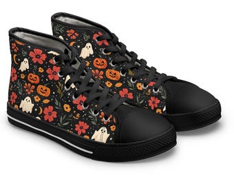 May include: Pair of high-top canvas sneakers with a Halloween-themed pattern. The black sneakers feature a repeating design of orange pumpkins, red flowers, white ghosts, and green leaves. The toe caps and soles are solid black.