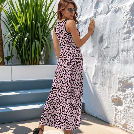 pink leopard print maxi dress Pink Leopard Maxi Dress – Bold Animal Print Floor Length Dress, Sleeveless
