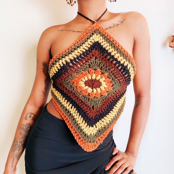 Multi-coloured Boho Crochet Halter Women's Top