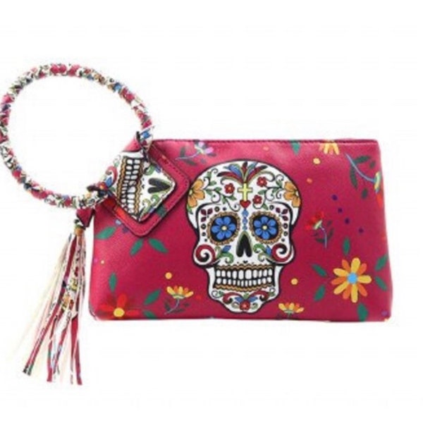 Floral Skull Wristlet Clutch Bag