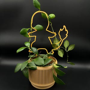 May include: A green plant growing up a bright orange wire plant stand shaped like a cartoon character. The plant is in a light brown pot with vertical grooves.