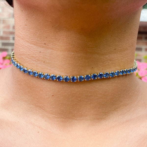 Sapphire Tennis Necklace | Jeweled Choker | 5mm CZ Sapphire Choker | Bridal Jewelry | “Imani” Choker