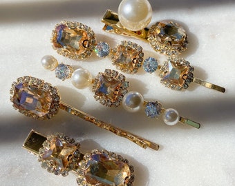 Jewel Hair Clips | Bridal Hair Accessories | Sparkly Hairpins | Jewel Barrettes | Champagne Hairpins