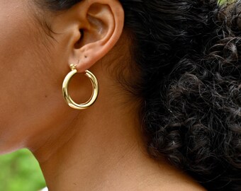 FOCALOOK Thick Chunky Hoops Earrings,18k Gold Plated Hoop Earrings,Lightweight Tube Hoop for Women 30-80mm