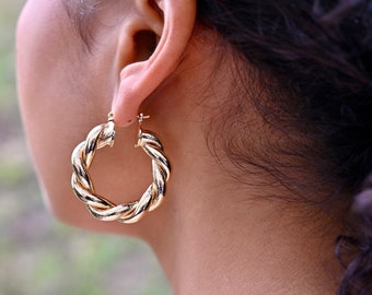 Medium Twisted Rope Hoops | 35mm Chunky Gold Hoops | Vintage Hoops | "Nayna" Hoops