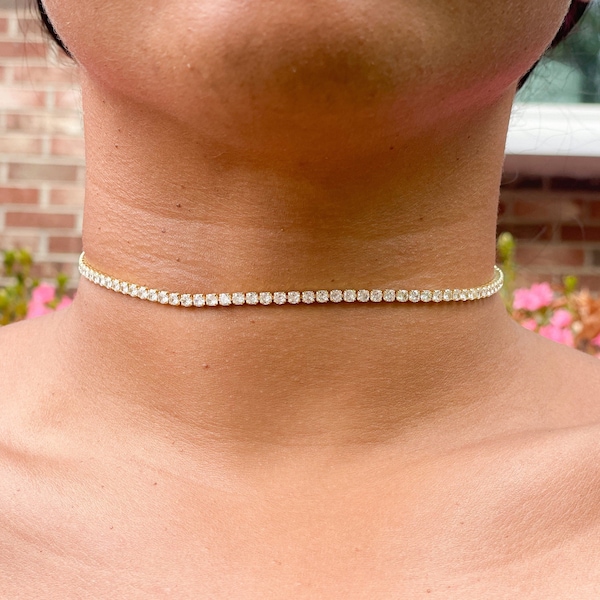 Tennis Necklace | Jeweled Choker | 2mm 3mm CZ Diamond Choker | Bridal Jewelry | “Alecia” Choker