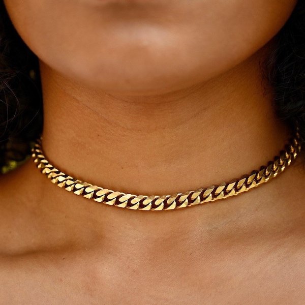 Gold Curb Chain Choker |   Cuban Link Choker | Chunky Layering Necklace | Waterproof Jewelry | "Gigi" Necklace