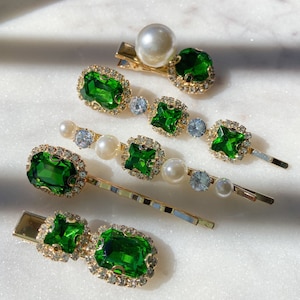 Jewel Hair Clips | Jewel Hair Accessories | Sparkly Hairpins | Jewel Barrettes | Emerald Hairpins