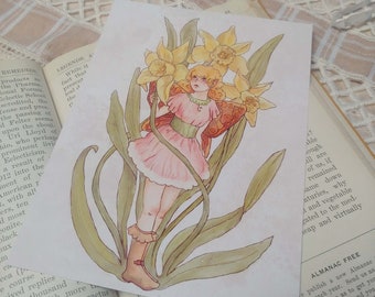 Daffodil Fairy Art Card, Vintage Fae Print, Cottagecore Gift