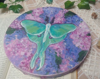Original "Renewal" Luna Moth on Lilacs Round Acrylic Painting || Romantic Cottagecore Art, Colorful Garden Painting, Flowers and Insects
