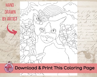 Flower Rainbow Kitty Coloring Page || Download and Print || Springtime Cottagecore, Garden and Flower Botanicals, Rainbow Butterflies