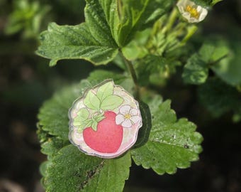 Strawberry & Blossom Acrylic Pin – Cottagecore Garden Accessory – Hand-Illustrated Lapel Pin for Linen Dresses, Aprons, and Bags
