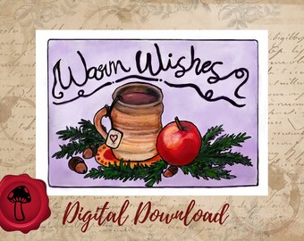 Warm Wishes Digital Christmas Card || Holiday Greetings, Cozy Teatime, Acorns and Pines, Winter Solstice || Ecard, Download, Print and Send