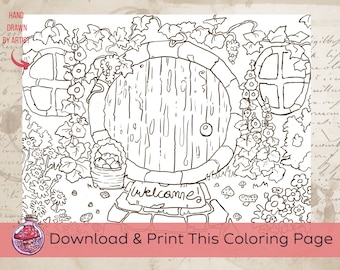Hobbit House Coloring Page, LOTR Inspired Art for All Ages || Fantasy, DnD, Garden, Cottagecore, Homesteading Homeschool Activity for Kids