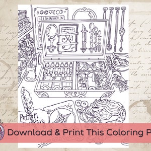 May include: Black and white line art of a coloring page featuring a potion-making scene. The image includes a box of tools, bottles, a dragon, and the text "Potion Factory".