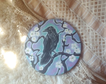 Original Raven Acrylic Painting, Hawthorne Tree Folklore Art, 8x8 Round Canvas