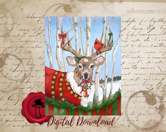 Christmas Reindeer Printable Ecard || Holiday Cards, Winter Wonderland, Nature Watercolor, Jingle Bells || Download and Print, Digital File