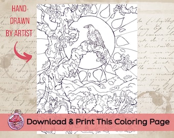 Autumn Equinox Coloring Page || Download and Print, Digital File || Cottagecore, Mabon Fall Art, Cozy Halloween Coloring Sheet for All Ages